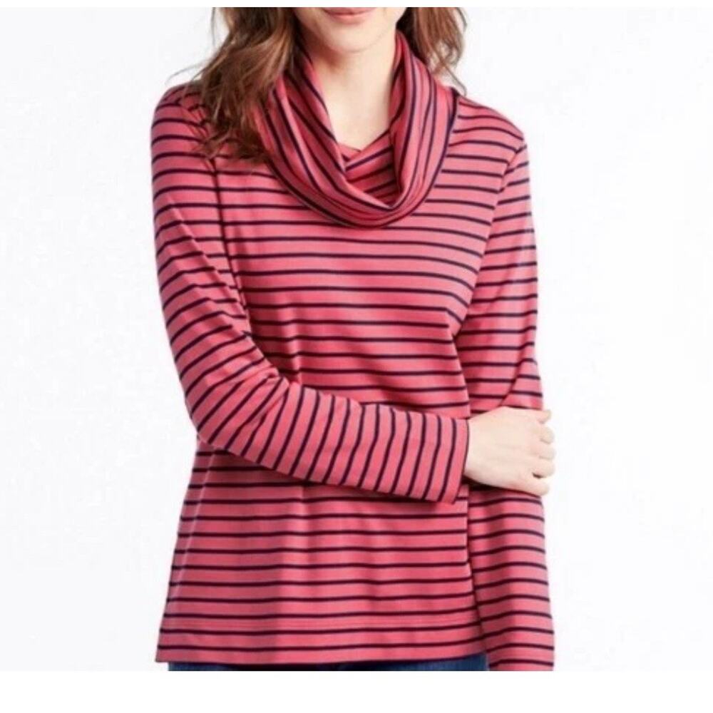 LL Bean Med Sweater Top Pink Navy Blue Stripe Cotton Pullover Cowl Neck Long Slv